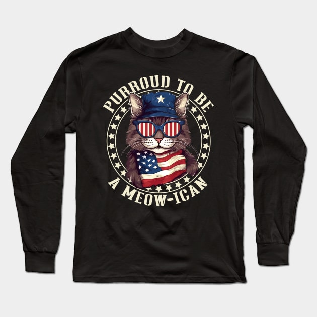 4th July Cat Lover, Purroud To Be A Meow-ican, American Cat Long Sleeve T-Shirt by Apocatnipse Meow